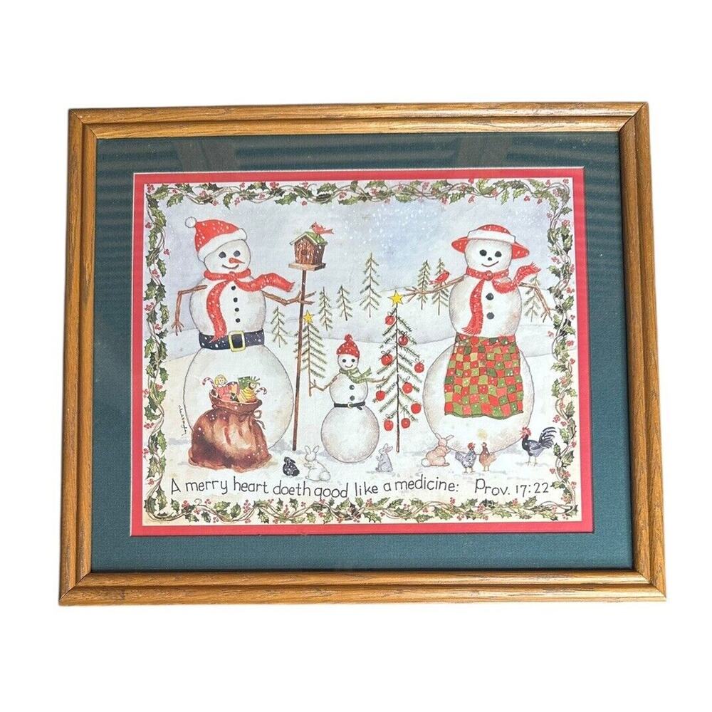 Vtg Home Interiors Framed Print Picture Snowman Holiday Bible Verse Prov 17:22